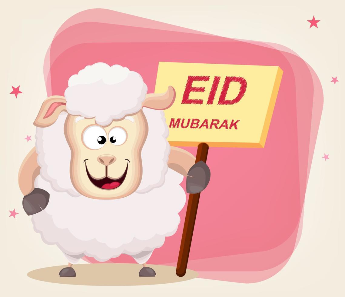 eid mubarak traditioneller muslimischer gruß, der auf den festivals von eid al-adha und eid al-fitr verwendet wird. grußkarte mit lustigen schafen, die plakat halten vektor