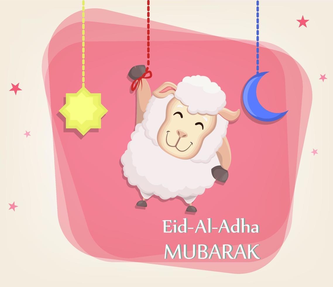 Opferfest eid al-adha. traditioneller Musselin-Urlaub. grußkarte mit lustigen schafen, mond und stern. vektor