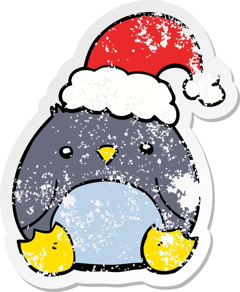 beunruhigter Aufkleber eines niedlichen Cartoon-Pinguins, der Weihnachtshut trägt vektor