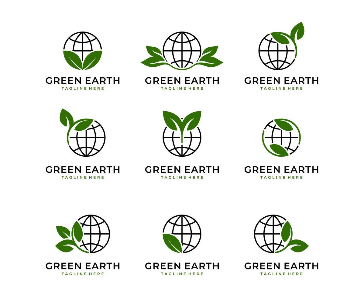 gröna världen logotyp design med träd löv världen vektor ikon designmall