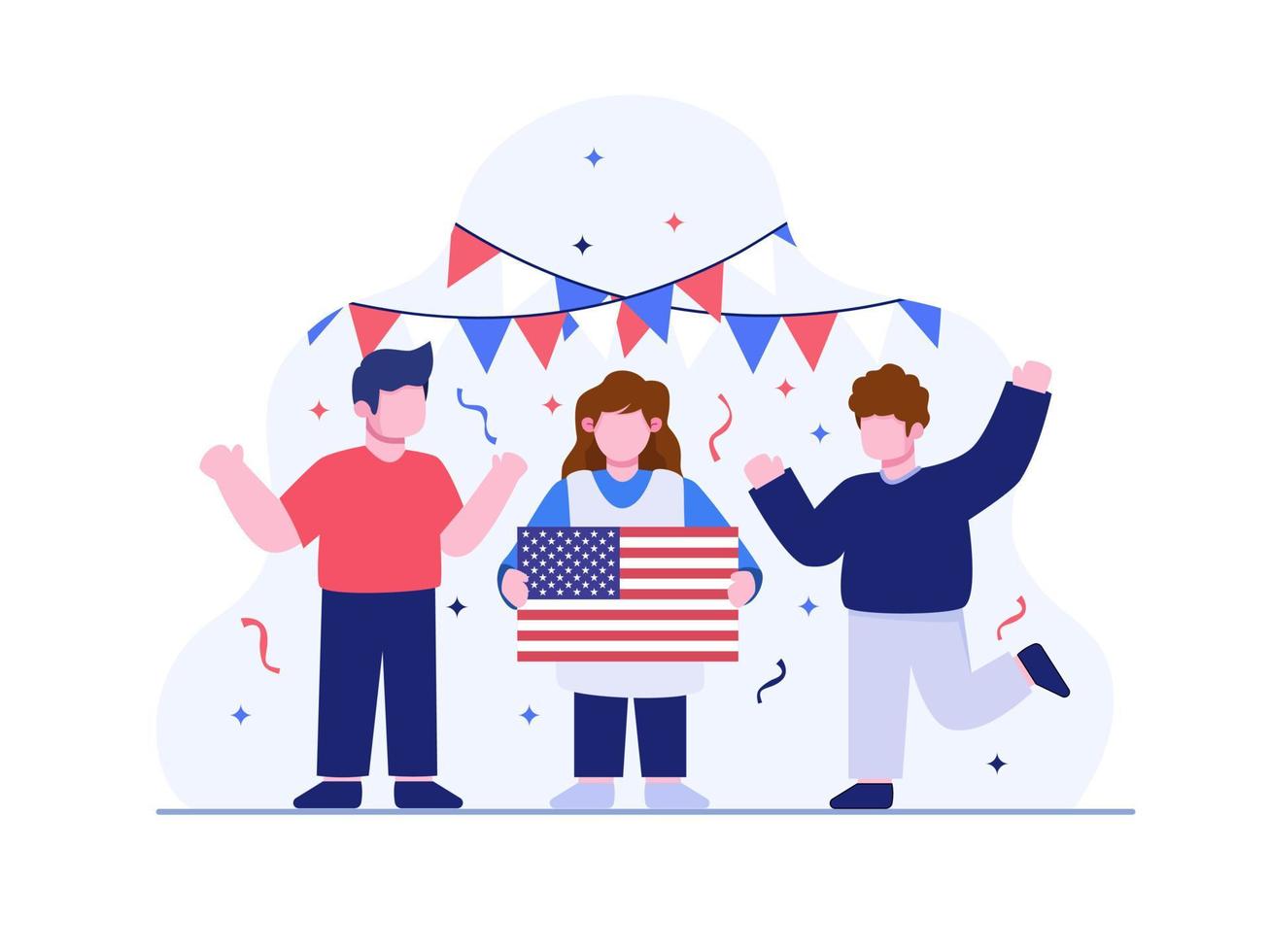 vektor illustration grupp människor firar 4 juli USA självständighetsdag. Amerikas självständighetsfirande. kan användas för målsida, webb, banner, inbjudan, affisch, etc