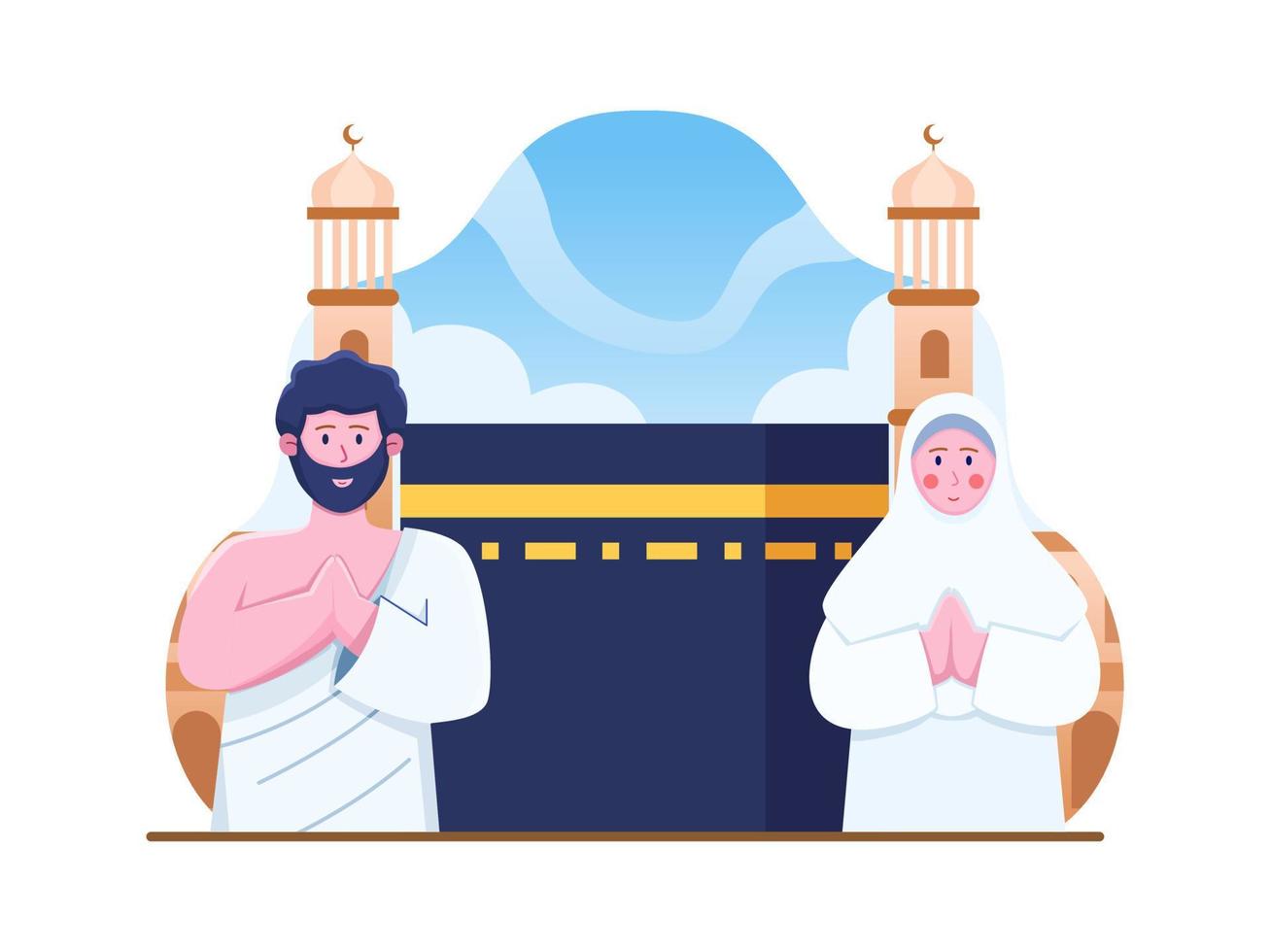 ett muslimskt par gör islamisk hajj pilgrimsfärd vektorillustration. människor som ber i mecka kaaba saudiarabien. vektor