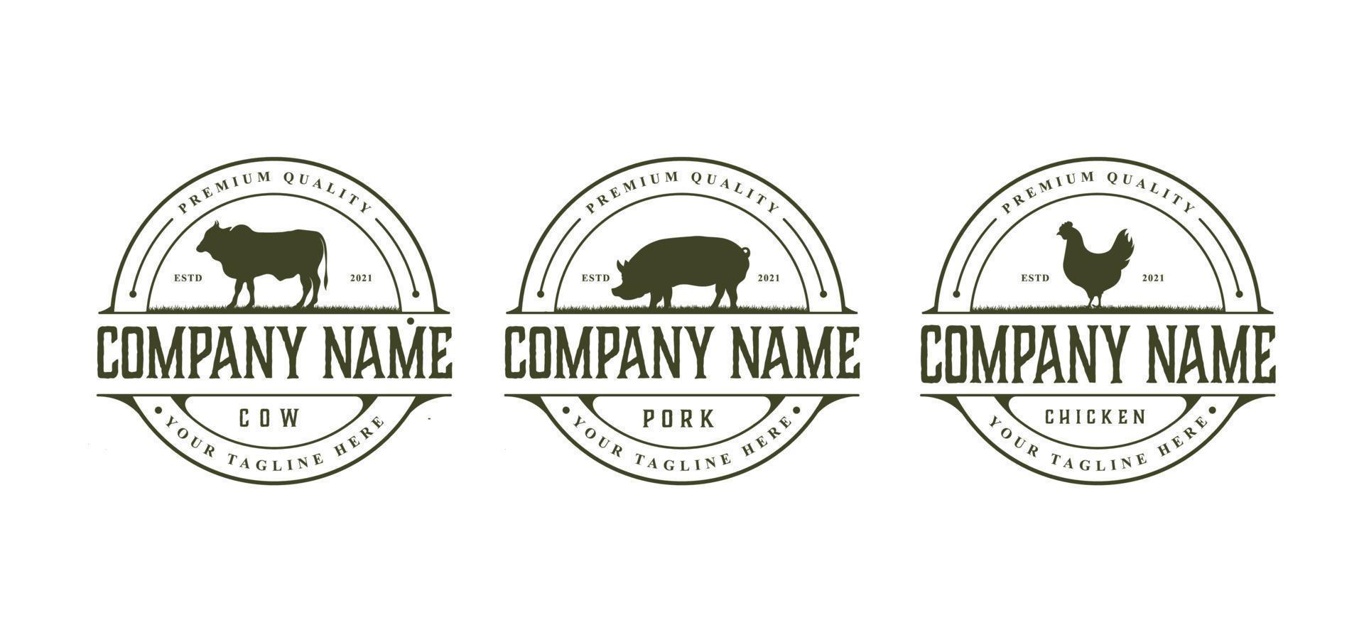 satz von bauernhof rind kuh schwein huhn vieh rindfleisch emblem label logo design vektor