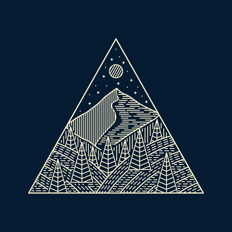 naturen och skogen i mono line art, design för badge patch pin grafisk illustration vektor konst t-shirt design