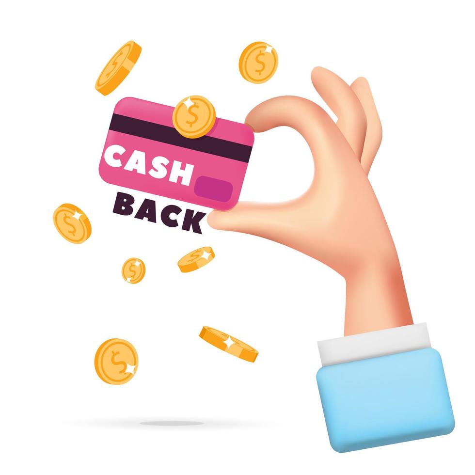 3D-Vektorhand mit Cashback mit Kreditkartendesign vektor