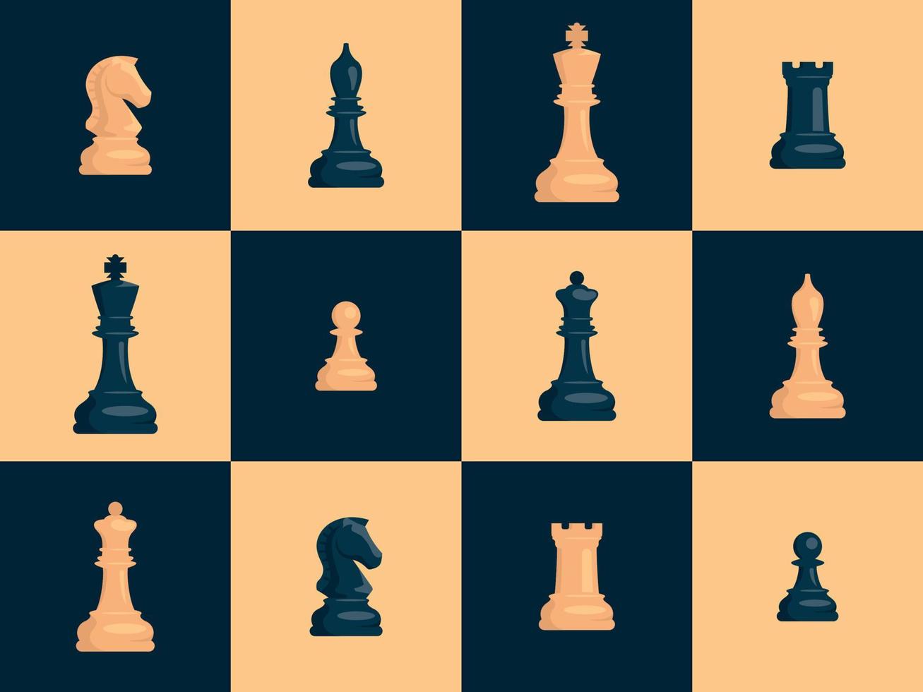 Schach. Set aus weißen und schwarzen Schachfiguren. Springer, Turm, Bauer, Läufer, König, Dame. Vektorbild. vektor
