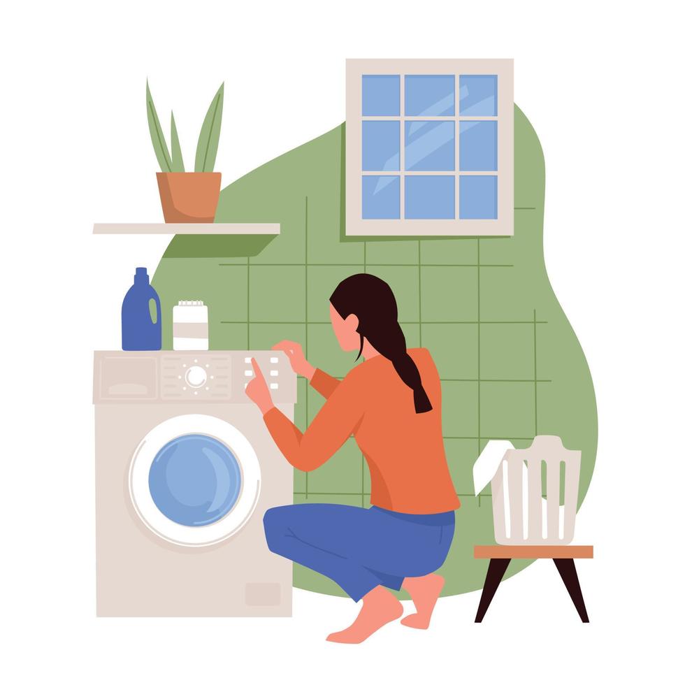 Hausarbeiten. Das Mädchen erledigt die Hausarbeit. Wäsche in einer Waschmaschine waschen. Hausfrau Frau. Vektorbild. vektor