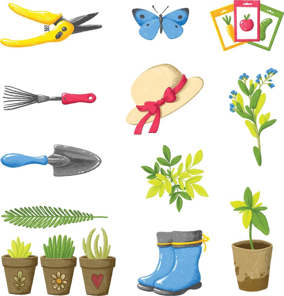 en uppsättning olika föremål på temat vår och trädgård. vektor