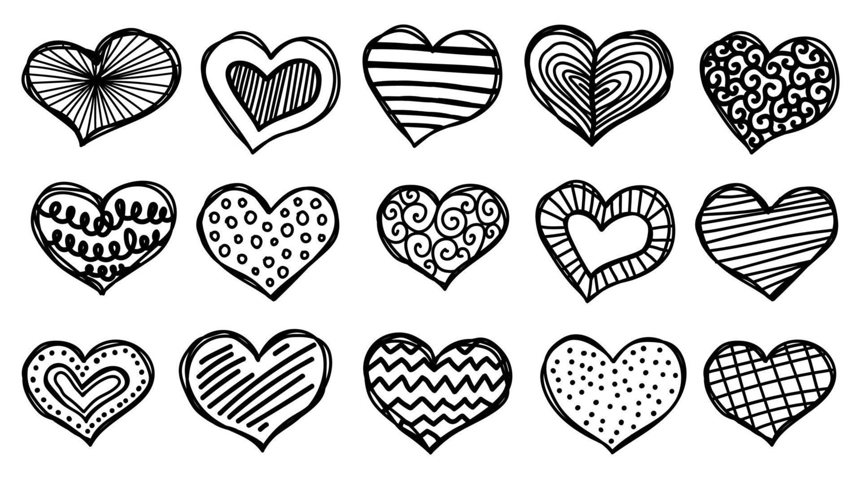 uppsättning unika doodle hjärta ikoner. frihandsritade formritningar. vektor