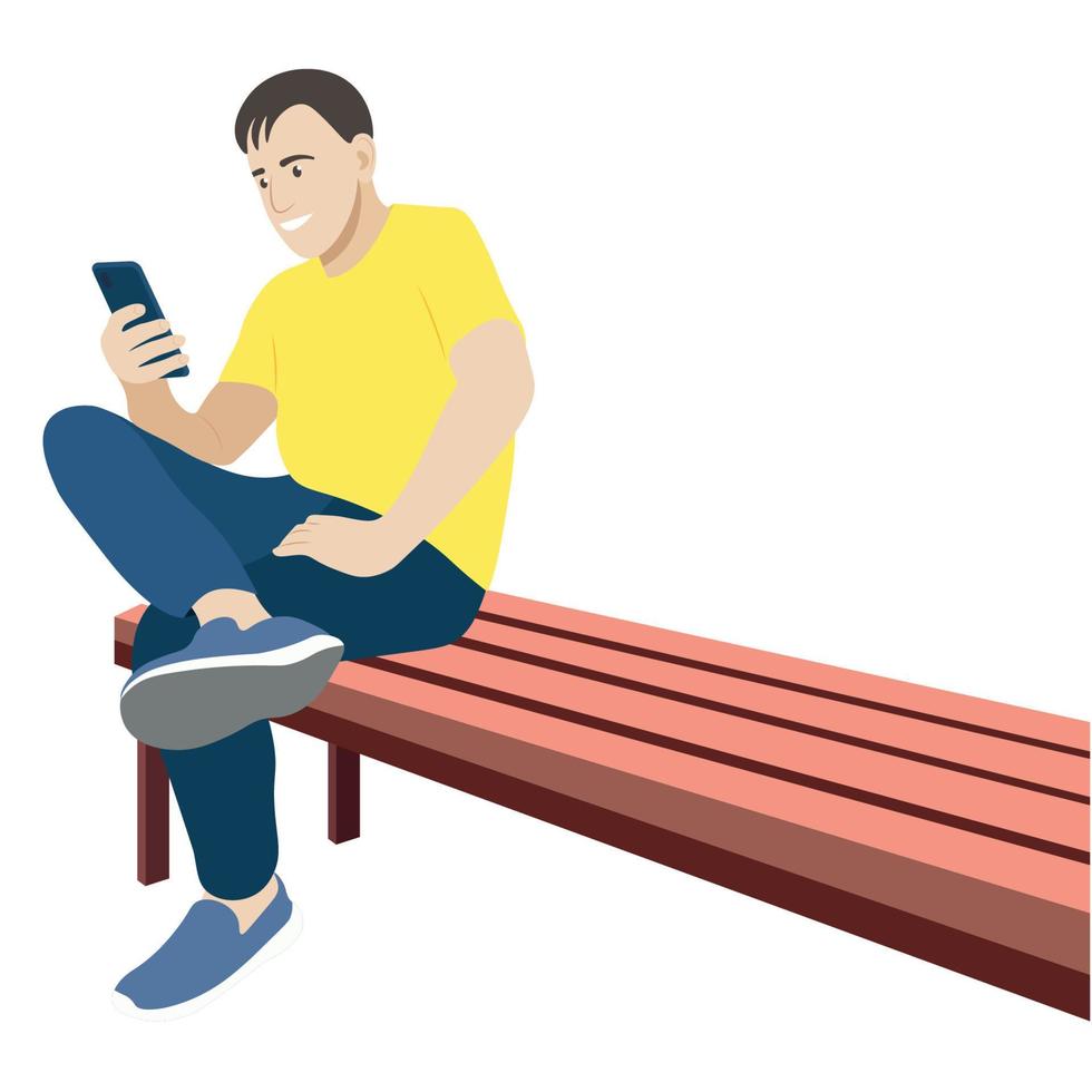 porträtt av en kille som sitter på en bänk med ett ben i kors över det andra, vektor isolerad på en vit bakgrund, killen tittar på smartphonen