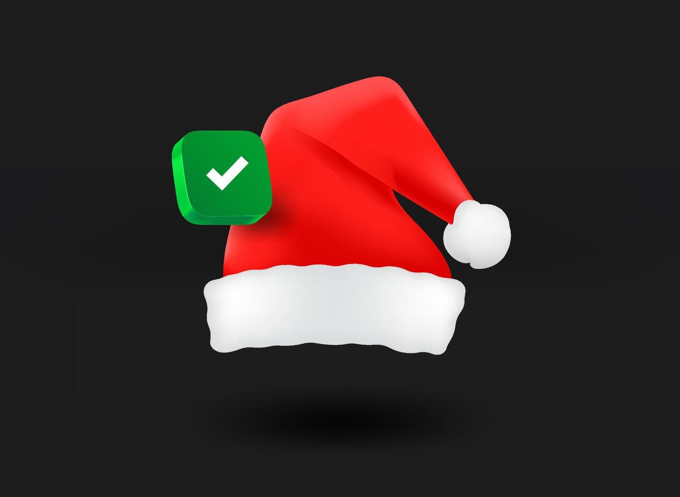 Weihnachtsmann-Mütze mit Häkchen-Symbol. 3D-Vektor-Illustration vektor