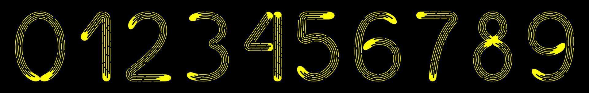 Zahlensatz 0-9 aus gelben gepunkteten Linien isoliert auf schwarzem Hintergrund. Gestaltungselement vektor