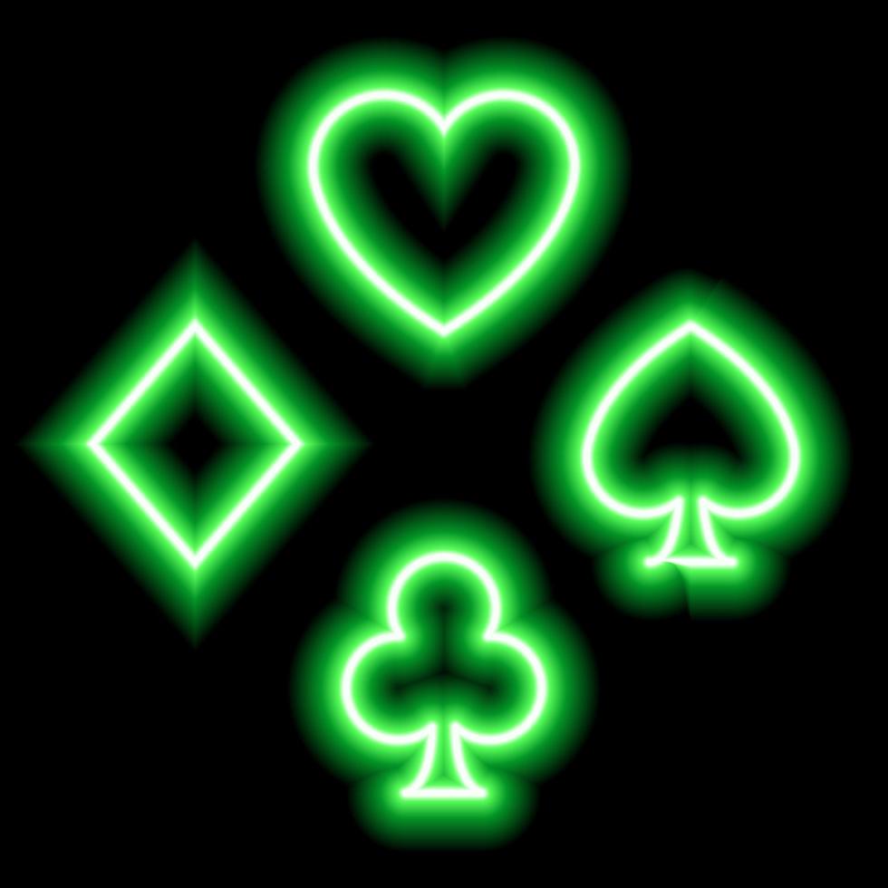 grüne neonsymbole von kartenanzügen. Herzen, Karos, Keulen, Pik. Anzug-Symbole vektor