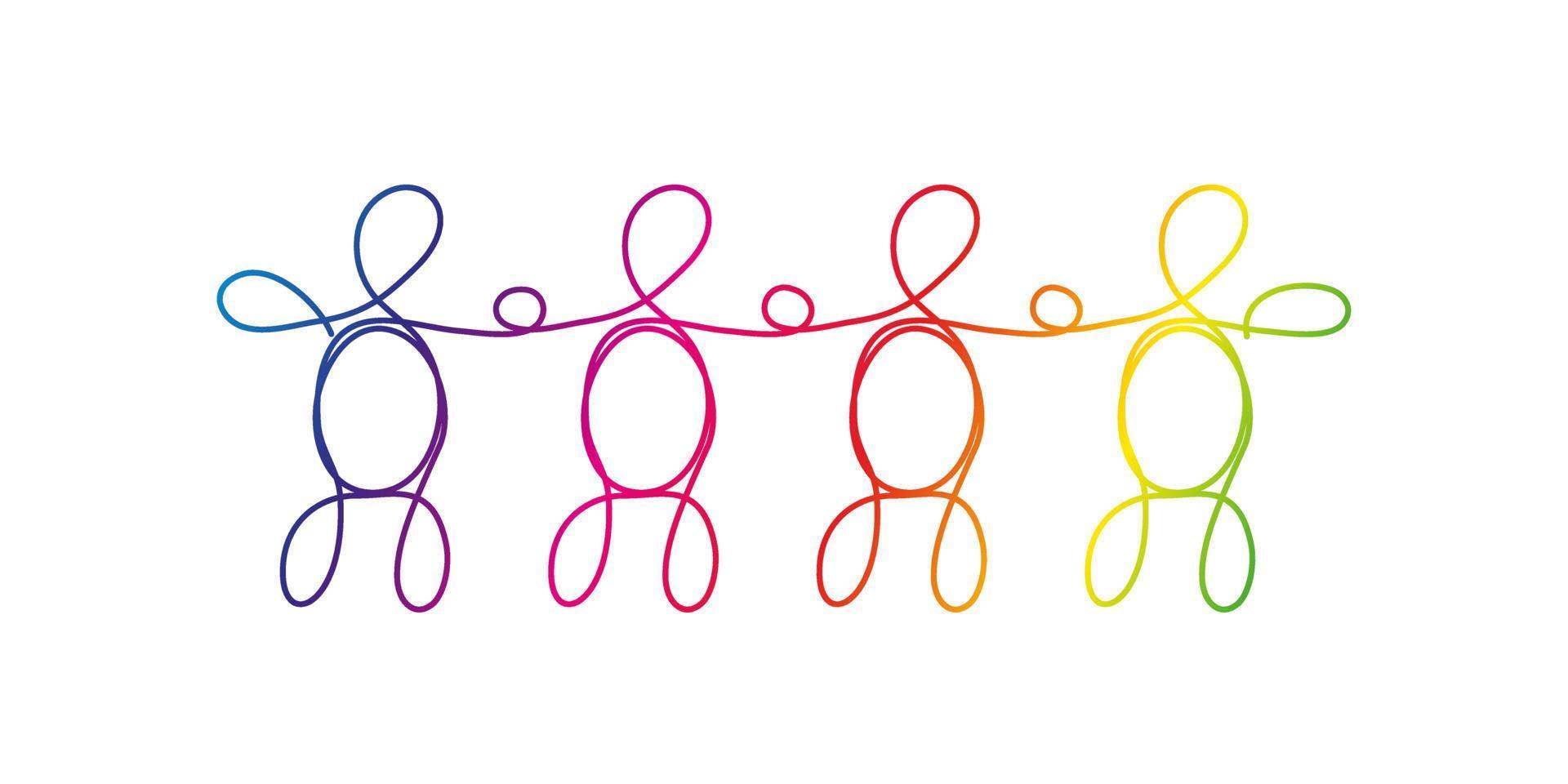 line art mångfald, hbtq-koncept. en grupp på fyra olika personer ritade med en linje, regnbågsfärger på vitt. vektor