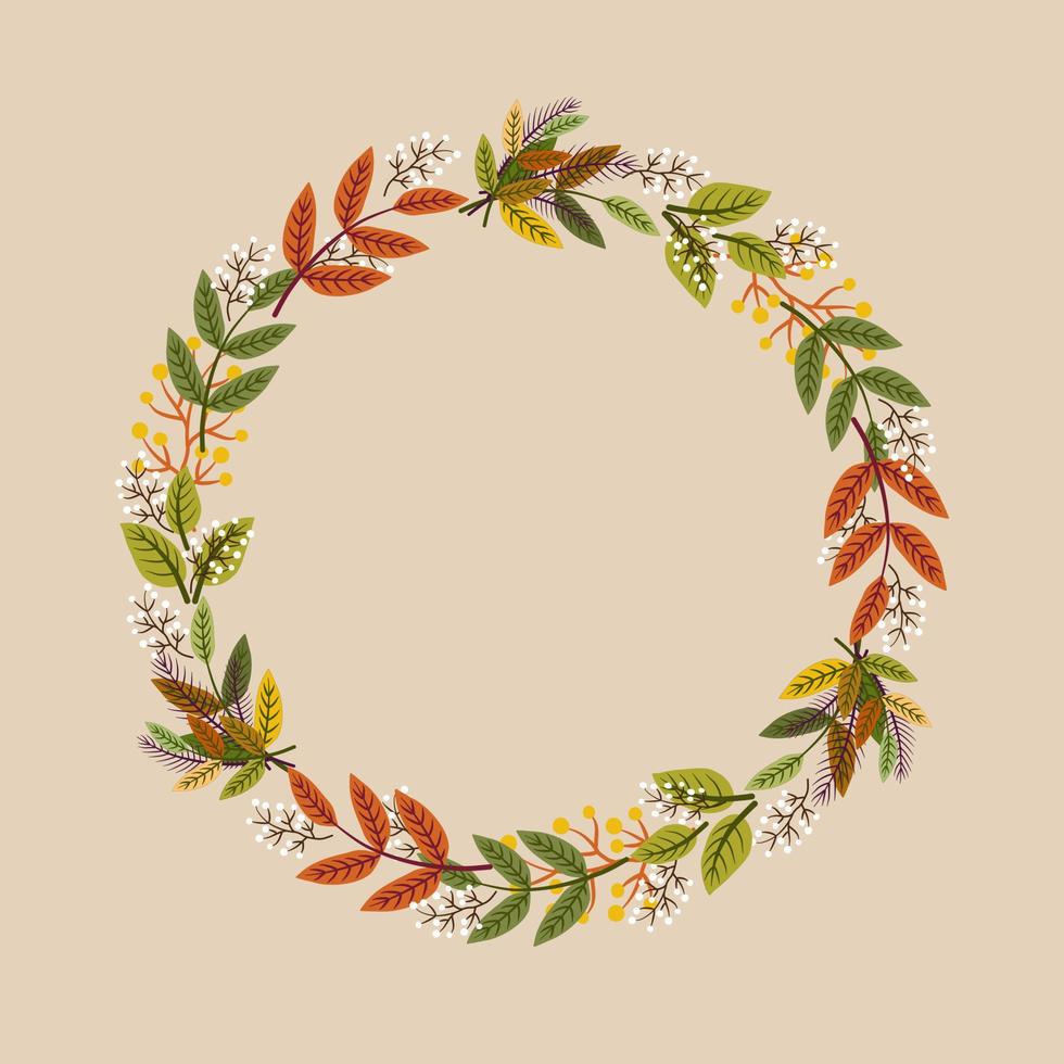 Kranz aus wilden Herbstblumen und Blättern in der Herbst- und Herbstsaisonfarbe, handgezeichnetes Bild mit flachem Vektor. vektor