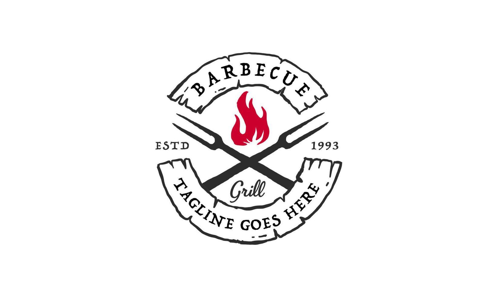 Vintage-Grill-Barbecue-Barbecue mit gekreuzter Gabel und Feuerflammen-Logo-Design vektor