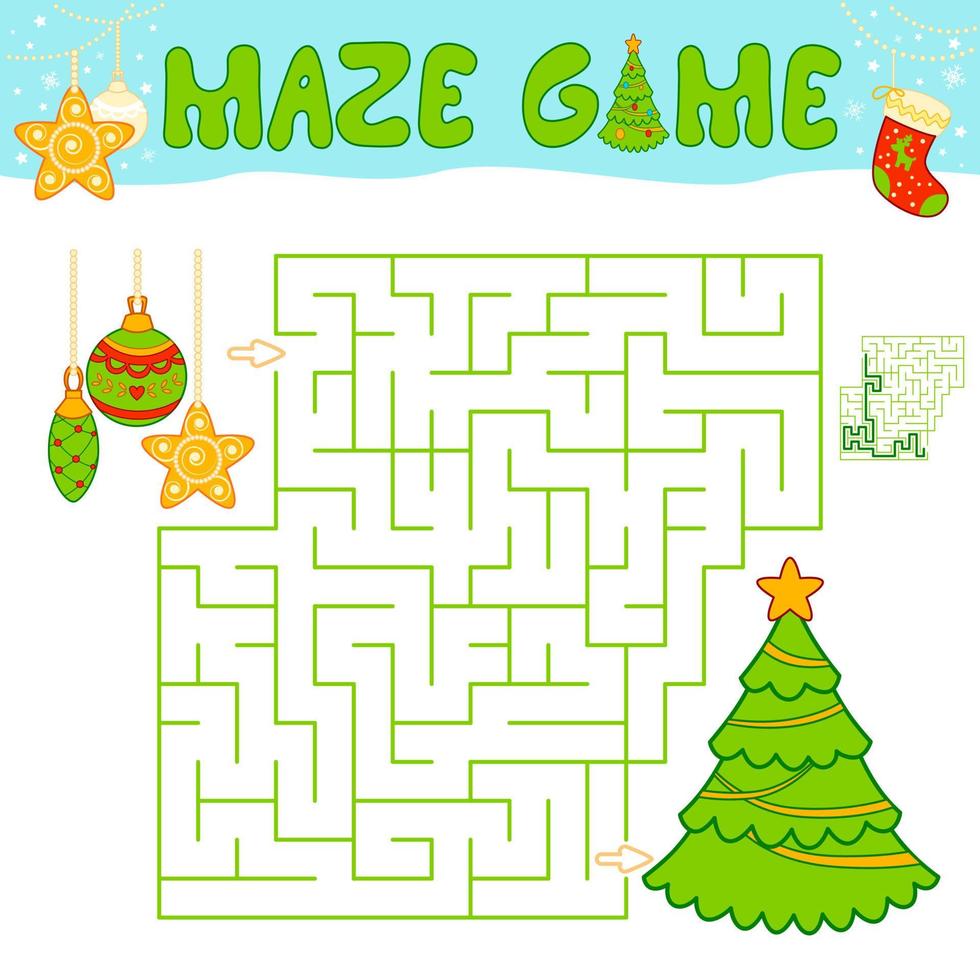 jullabyrint pusselspel för barn. labyrint eller labyrint spel med julgran och dekorationer. vektor