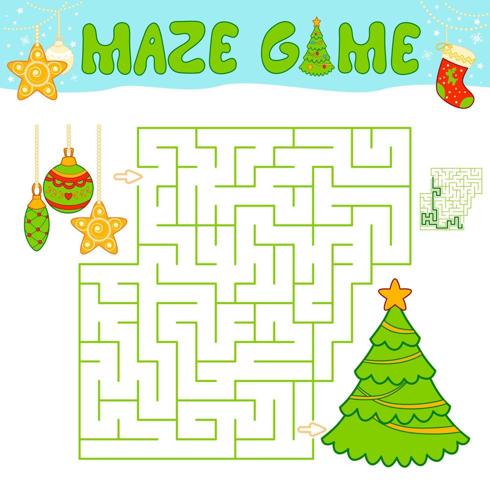 Weihnachtslabyrinth-Puzzlespiel für Kinder. labyrinth- oder labyrinthspiel mit weihnachtsbaum und dekorationen. vektor