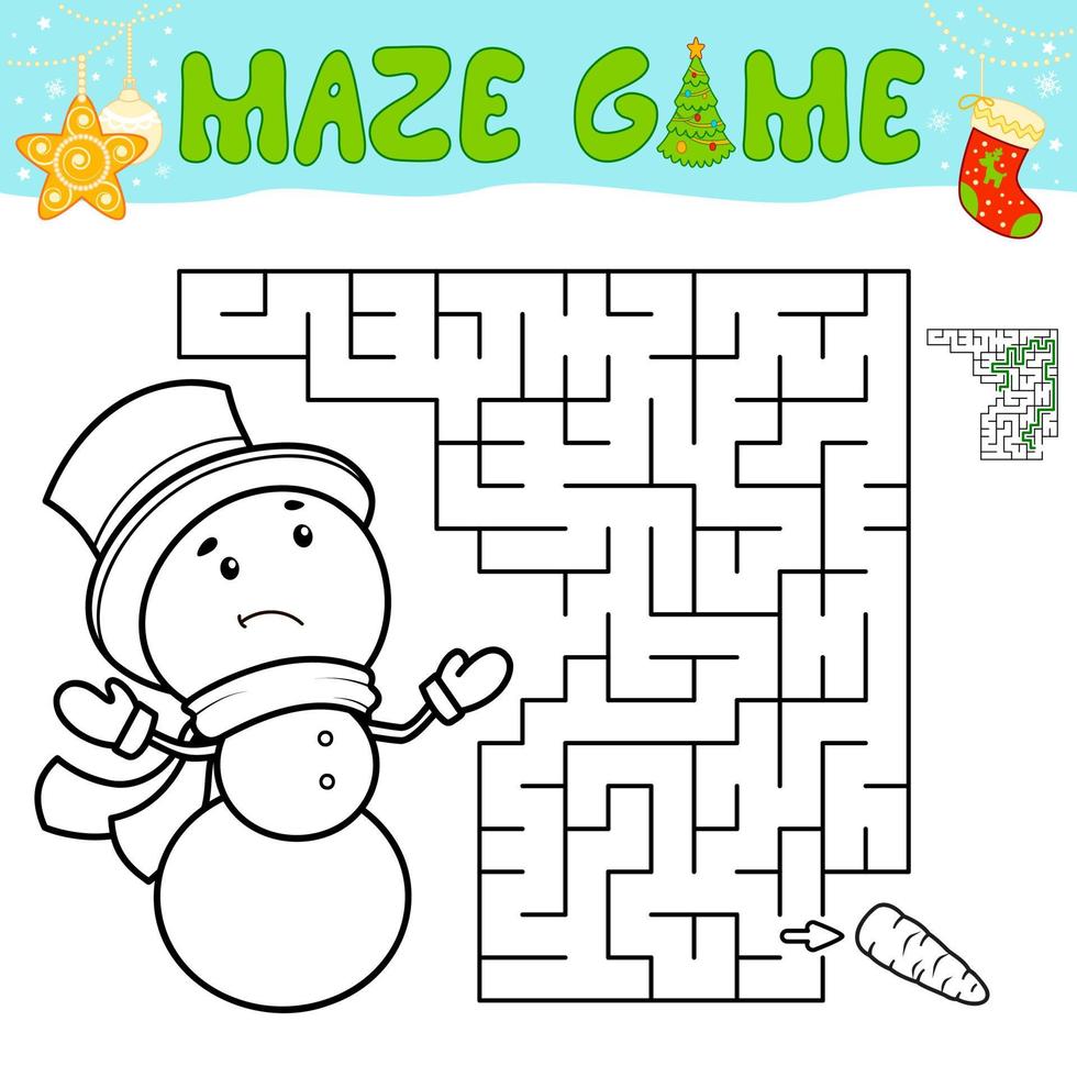 jullabyrint pusselspel för barn. disposition labyrint eller labyrint spel med jul snögubbe. vektor