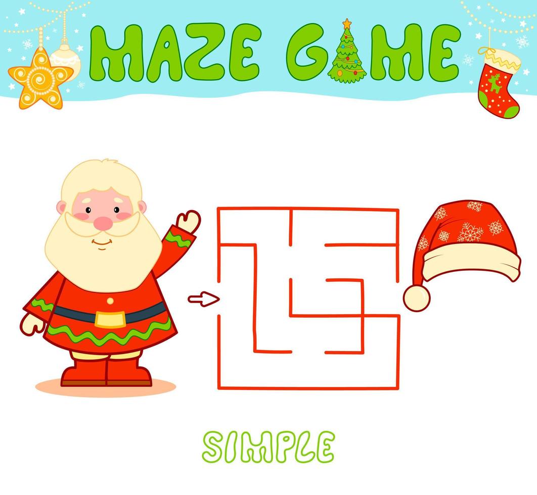 Weihnachtslabyrinth-Puzzlespiel für Kinder. einfaches labyrinth- oder labyrinthspiel mit weihnachtsweihnachtsmann. vektor