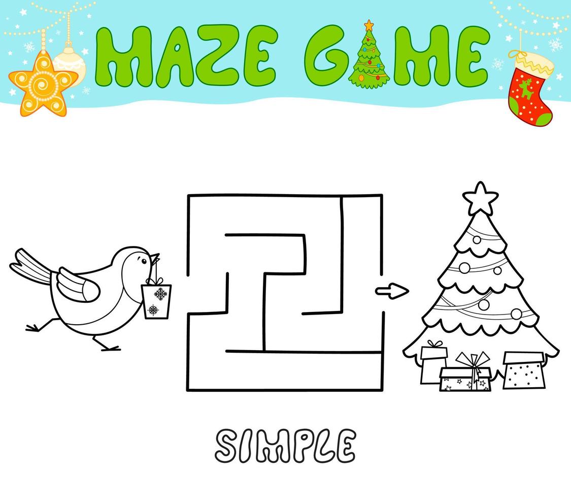Weihnachtslabyrinth-Puzzlespiel für Kinder. einfaches umrisslabyrinth- oder labyrinthspiel mit weihnachtsvogel. vektor