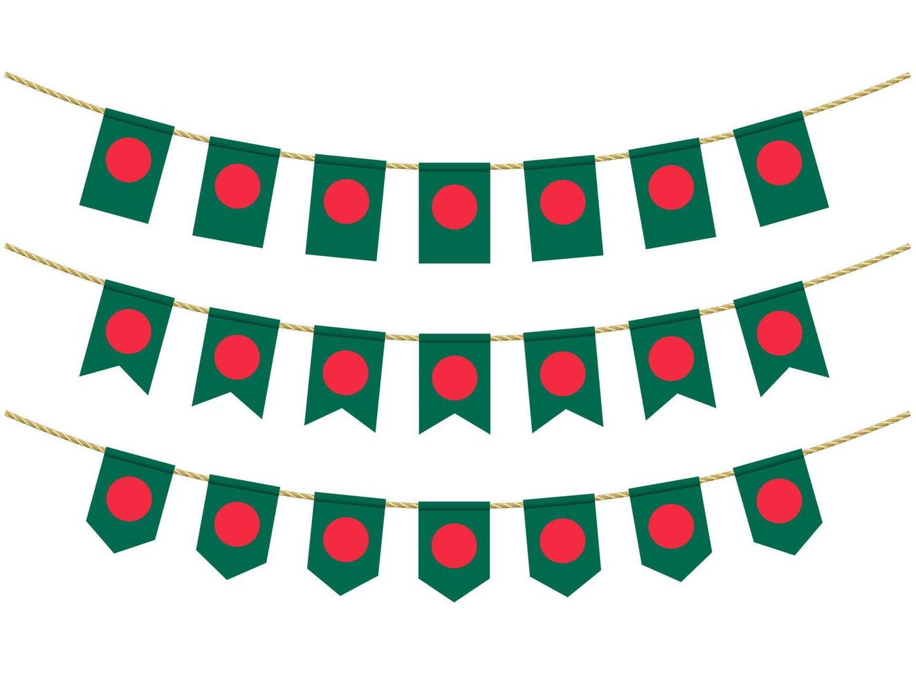 Bangladesch-Flagge an den Seilen auf weißem Hintergrund. Satz patriotischer Ammerflaggen. Flaggendekoration der bangladeschischen Flagge vektor