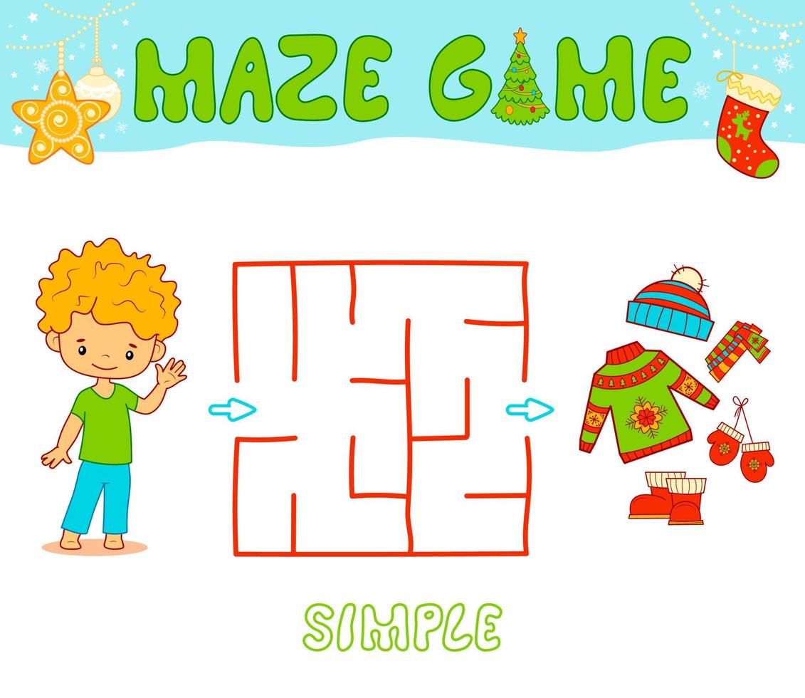 Weihnachtslabyrinth-Puzzlespiel für Kinder. einfaches labyrinth- oder labyrinthspiel mit weihnachtsjungen. vektor