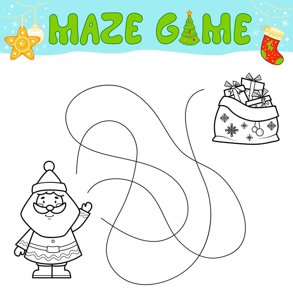 Weihnachtslabyrinth-Puzzlespiel für Kinder. umriss labyrinth oder labyrinth. finde wegspiel mit dem weihnachtsmann. vektor