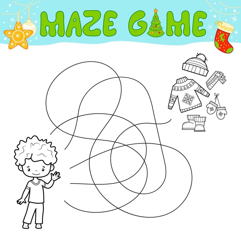 Weihnachtslabyrinth-Puzzlespiel für Kinder. umriss labyrinth oder labyrinth. Pfad finden Spiel mit Weihnachtsjungen. vektor