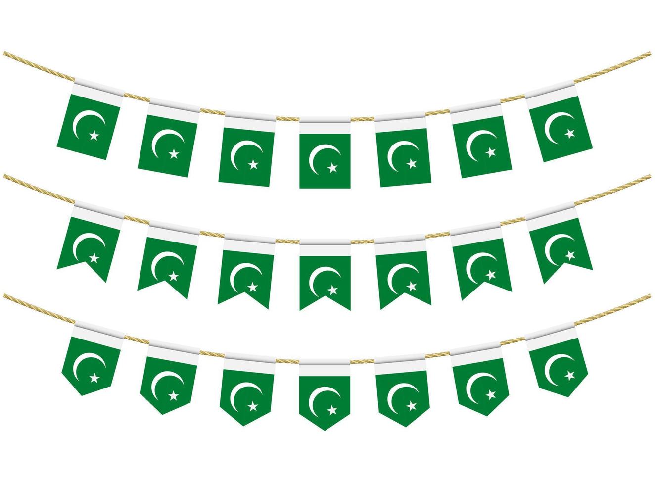 Pakistanische Flagge an den Seilen auf weißem Hintergrund. Satz patriotischer Ammerflaggen. Ammer Dekoration der pakistanischen Flagge vektor