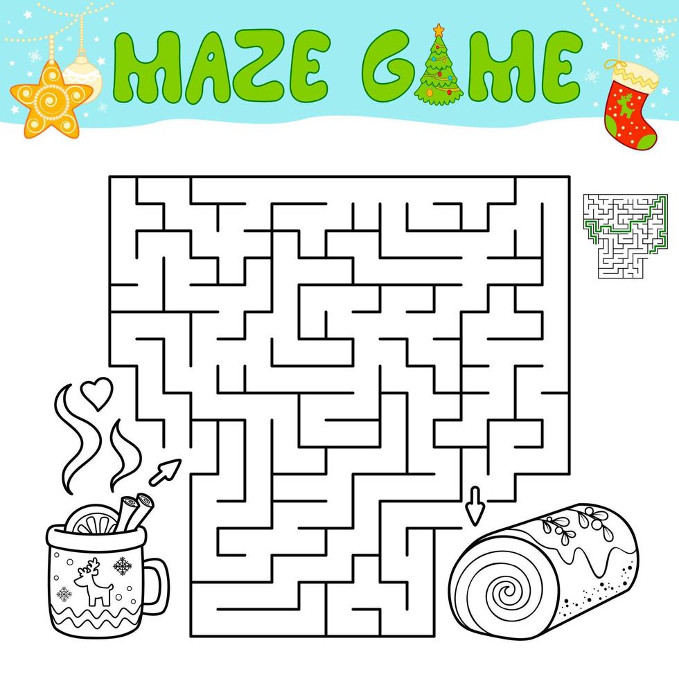 Weihnachtslabyrinth-Puzzlespiel für Kinder. umriss labyrinth oder labyrinth spiel mit weihnachtskuchen. vektor