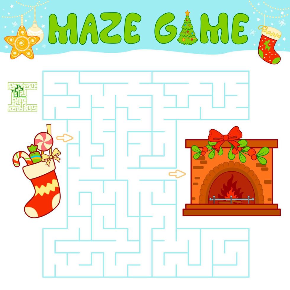 Weihnachtslabyrinth-Puzzlespiel für Kinder. labyrinth- oder labyrinthspiel mit weihnachtssocke und kamin. vektor
