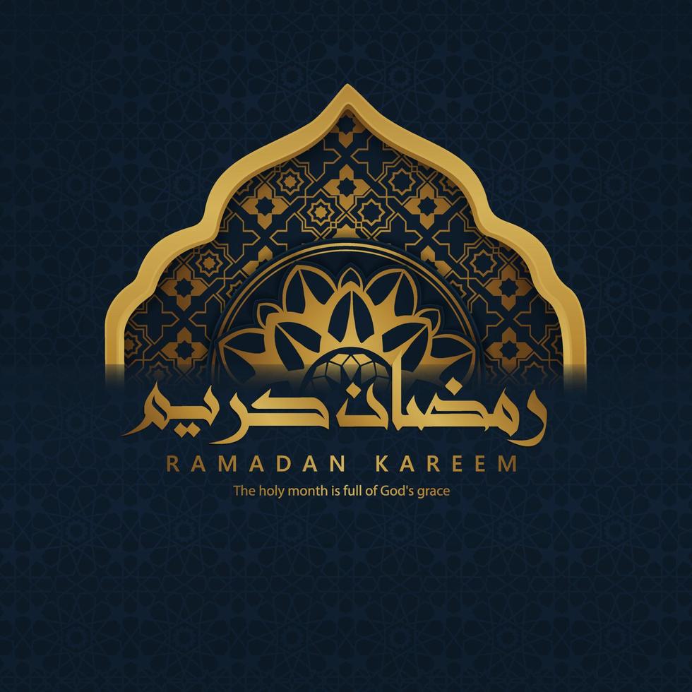 ramadan hintergrund islamisches grußdesign mit moscheentür mit blumenverzierung und arabischer kalligrafie. Vektor-Illustration vektor