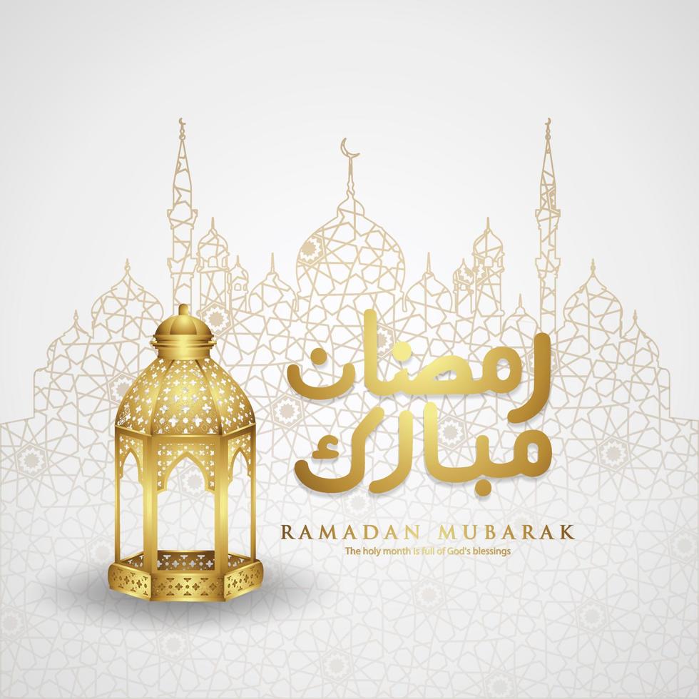 design gratulationskort ramadan ögonblick med lyxig arabisk kalligrafi, halvmåne, traditionell lykta och moskémönster textur islamisk bakgrundsmall. vektor