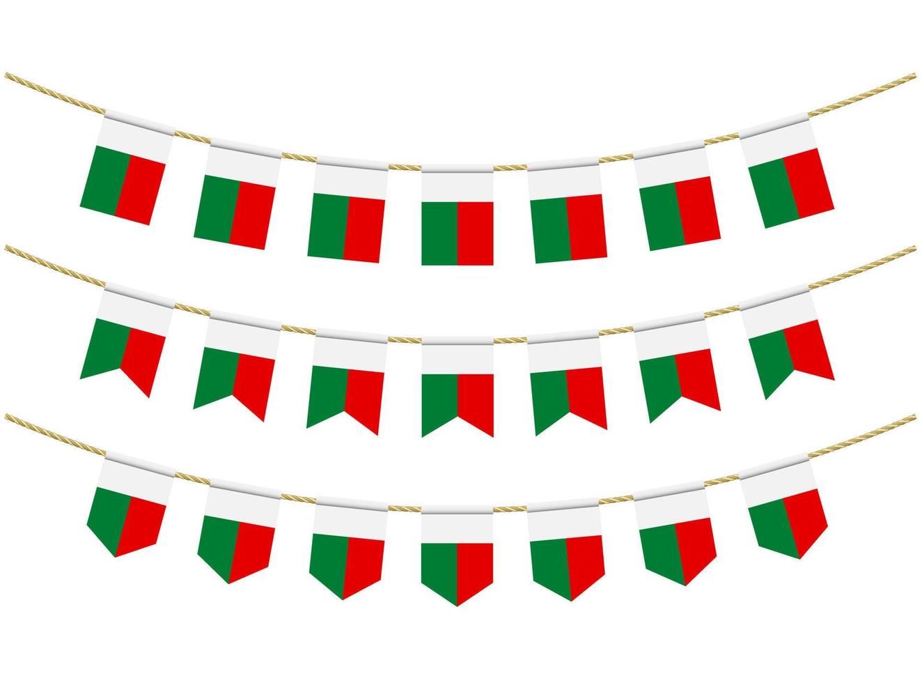 Madagaskar-Flagge an den Seilen auf weißem Hintergrund. Satz patriotischer Ammerflaggen. Flaggendekoration der Madagaskar-Flagge vektor