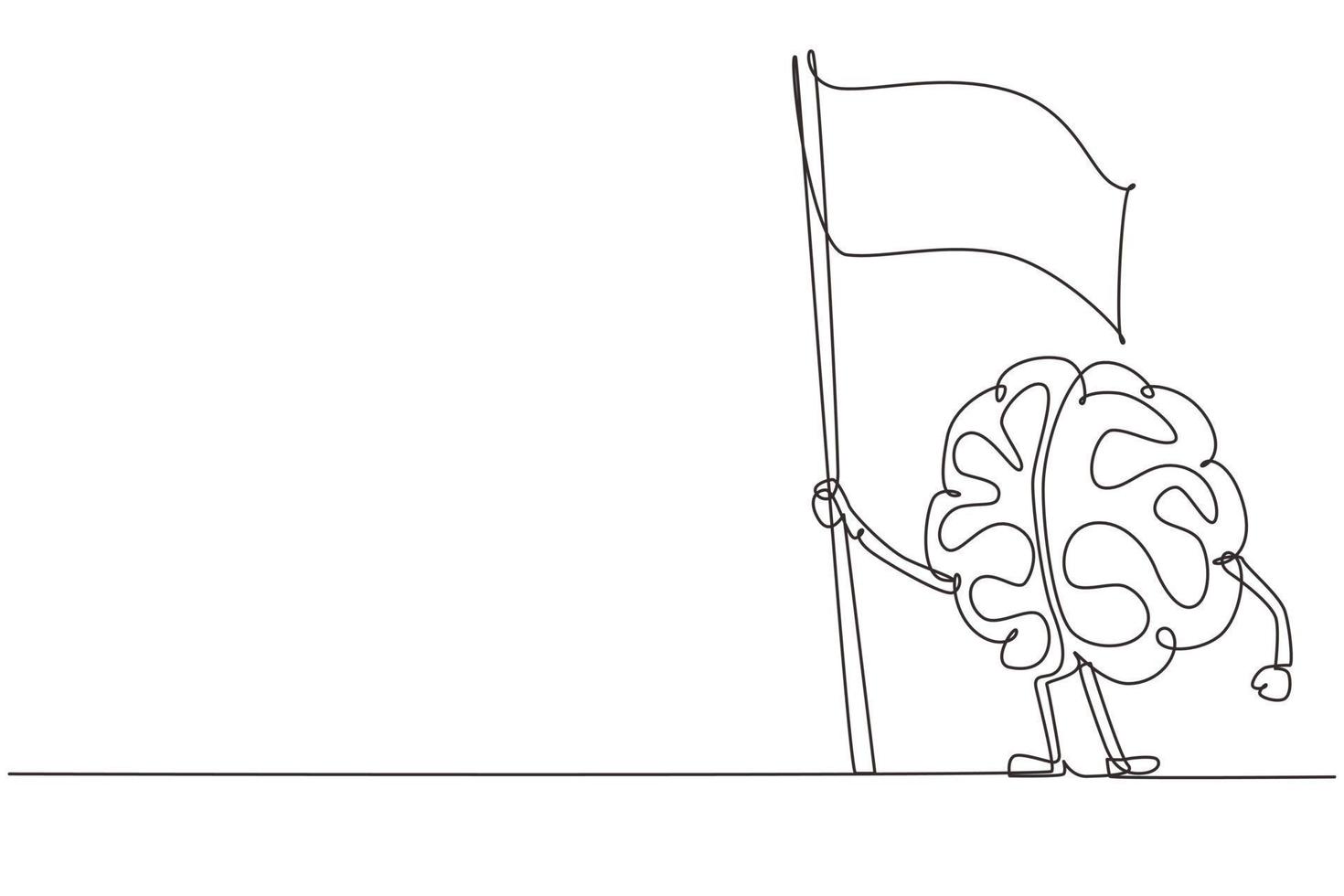 Single One Line Drawing Cartoon Gehirn stehend mit Flagge, lustiges Organ des menschlichen Nervensystems. flaches design des charaktergehirns für bildungsthema. ununterbrochene Linie zeichnen grafische Vektorillustration des Designs vektor