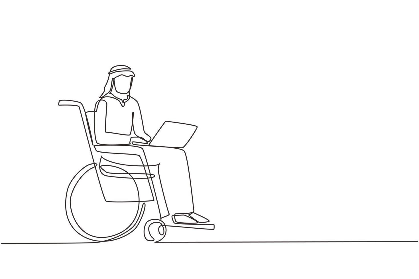enda kontinuerlig linjeritning funktionshindrade arabisk man arbetar på bärbar dator. rullstol, idé, dator. frilans, funktionshinder. onlinejobb, startup. fysisk funktionsnedsättning och samhälle en linje rita design vektor