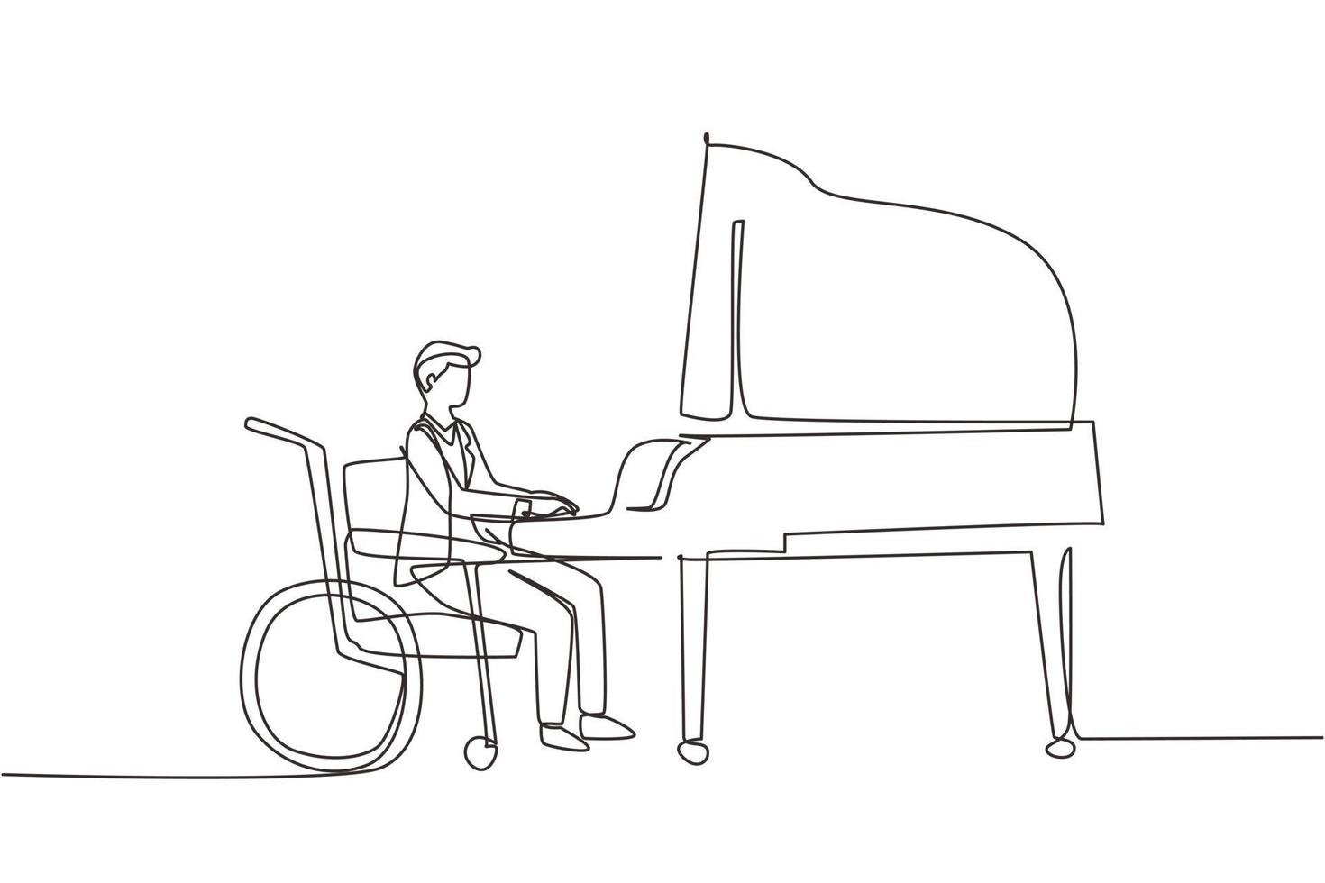 einzelne durchgehende Strichzeichnung behinderter gutaussehender Mann im Rollstuhl, der im Konzert Klavier spielt. Behinderung und klassische Musik. körperlich behindert. eine linie zeichnen grafikdesign-vektorillustration vektor