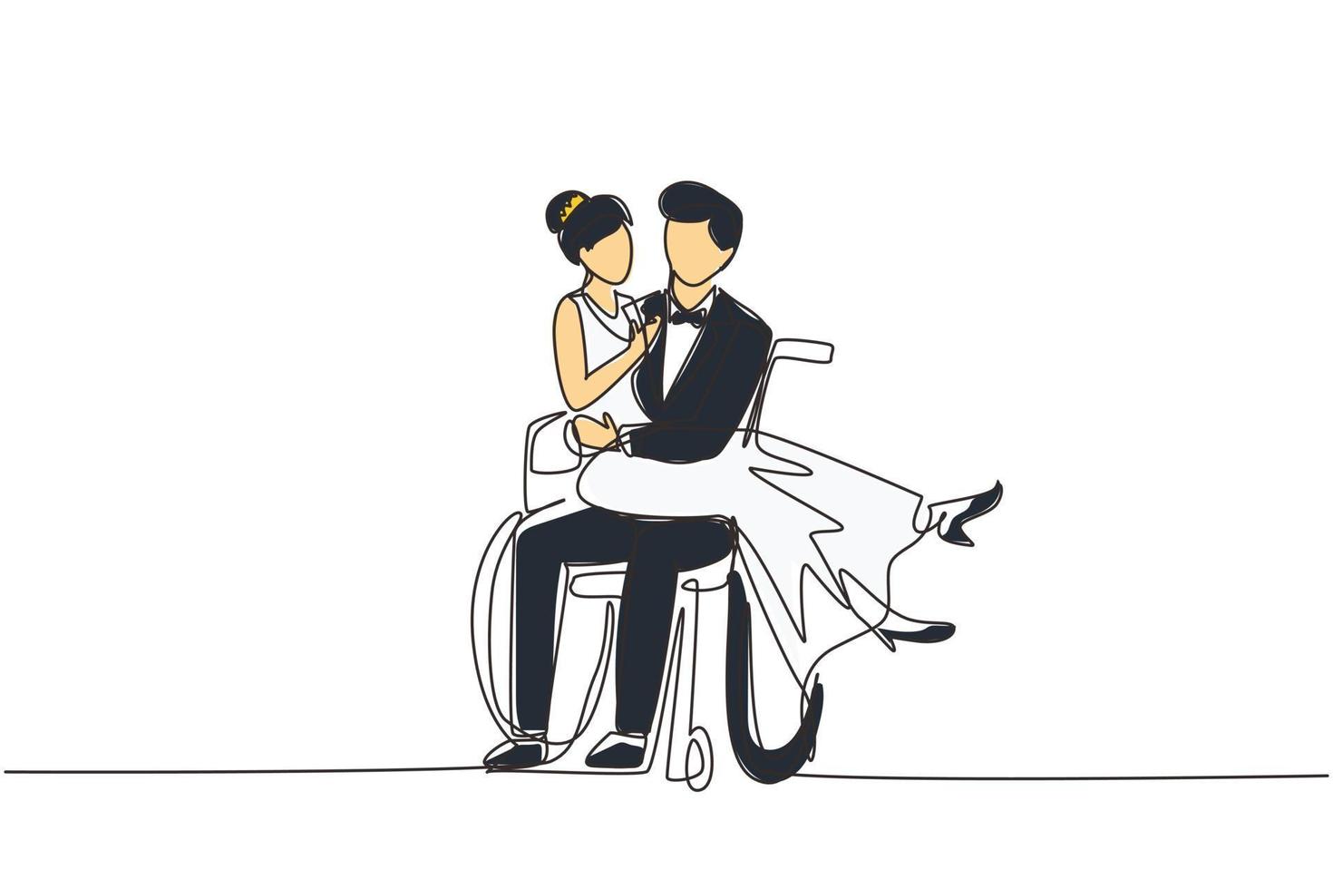 enda kontinuerlig linjeteckning handikappad man bär kvinna i rullstol. lyckligt par på bröllopsfest. glad familj. positiv man med särskilda behov i rullstol. en linje rita design vektor