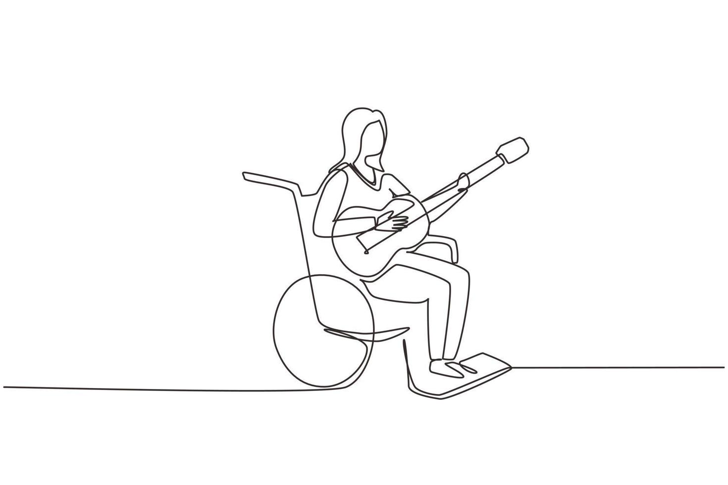 einzelne durchgehende strichzeichnung frau sitzen im rollstuhl mit akustikgitarre spielen musik, singen lied. körperlich behindert, gebrochenes Bein. Patient des Rehabilitationszentrums. einzeilige Designvektorillustration vektor