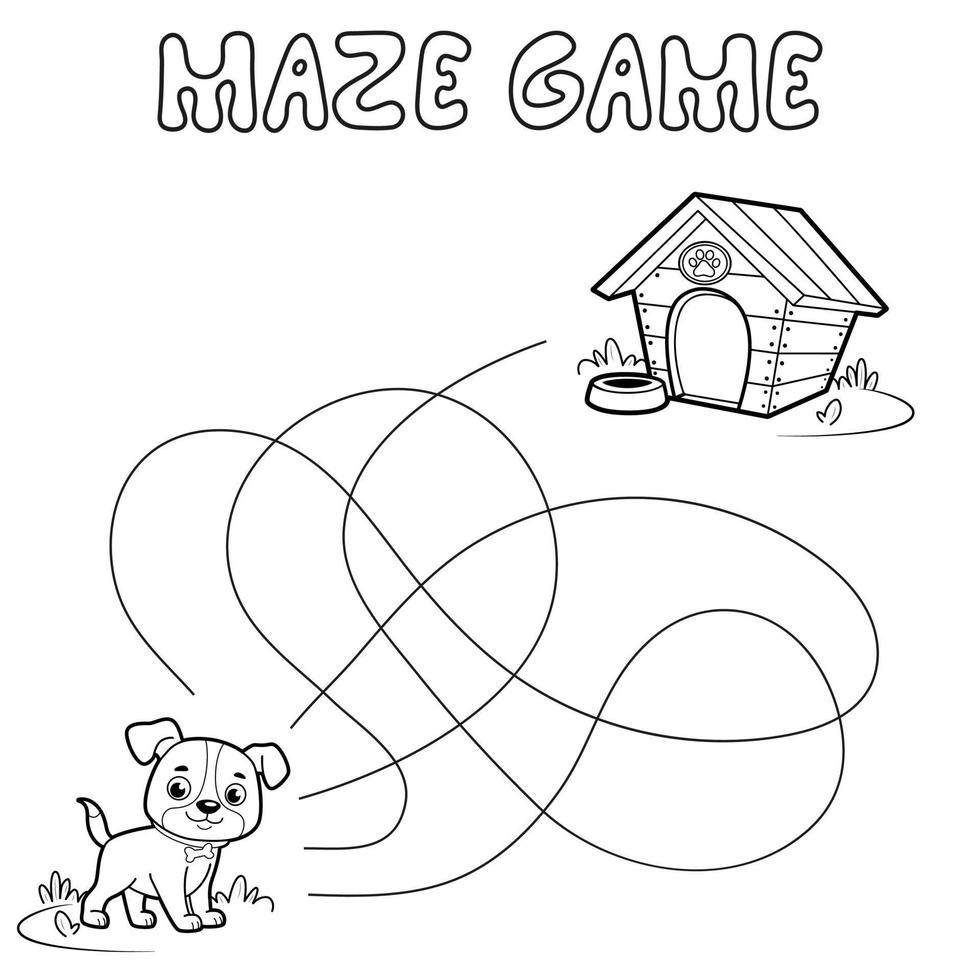 Labyrinth-Puzzle-Spiel für Kinder. Umriss Labyrinth oder Labyrinth. Pfadspiel mit Hund finden. vektor
