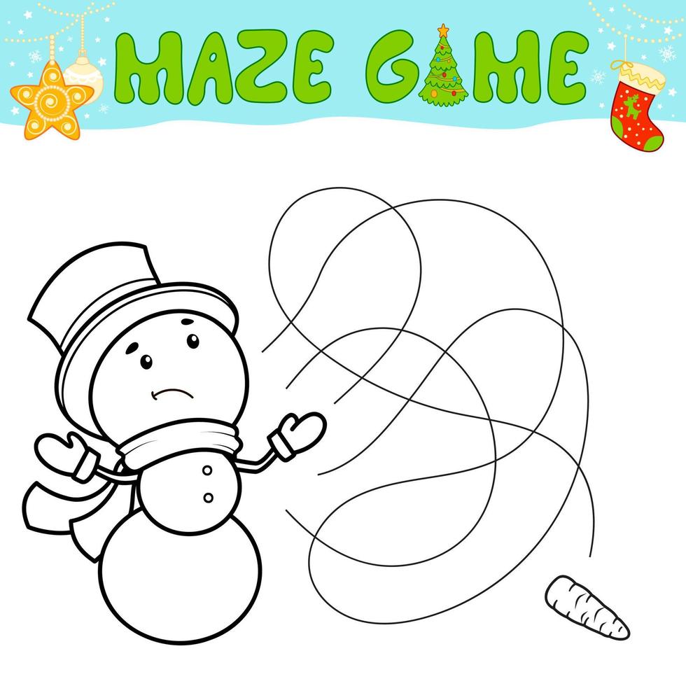 Weihnachtslabyrinth-Puzzlespiel für Kinder. umriss labyrinth oder labyrinth. finde wegspiel mit weihnachtsschneemann. vektor