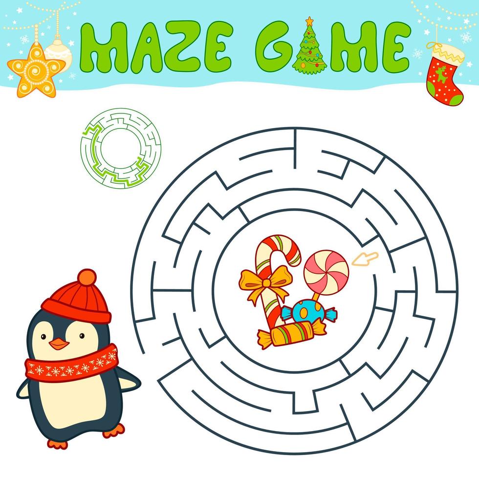 jullabyrint pusselspel för barn. cirkel labyrint eller labyrint spel med jul pingvin. vektor