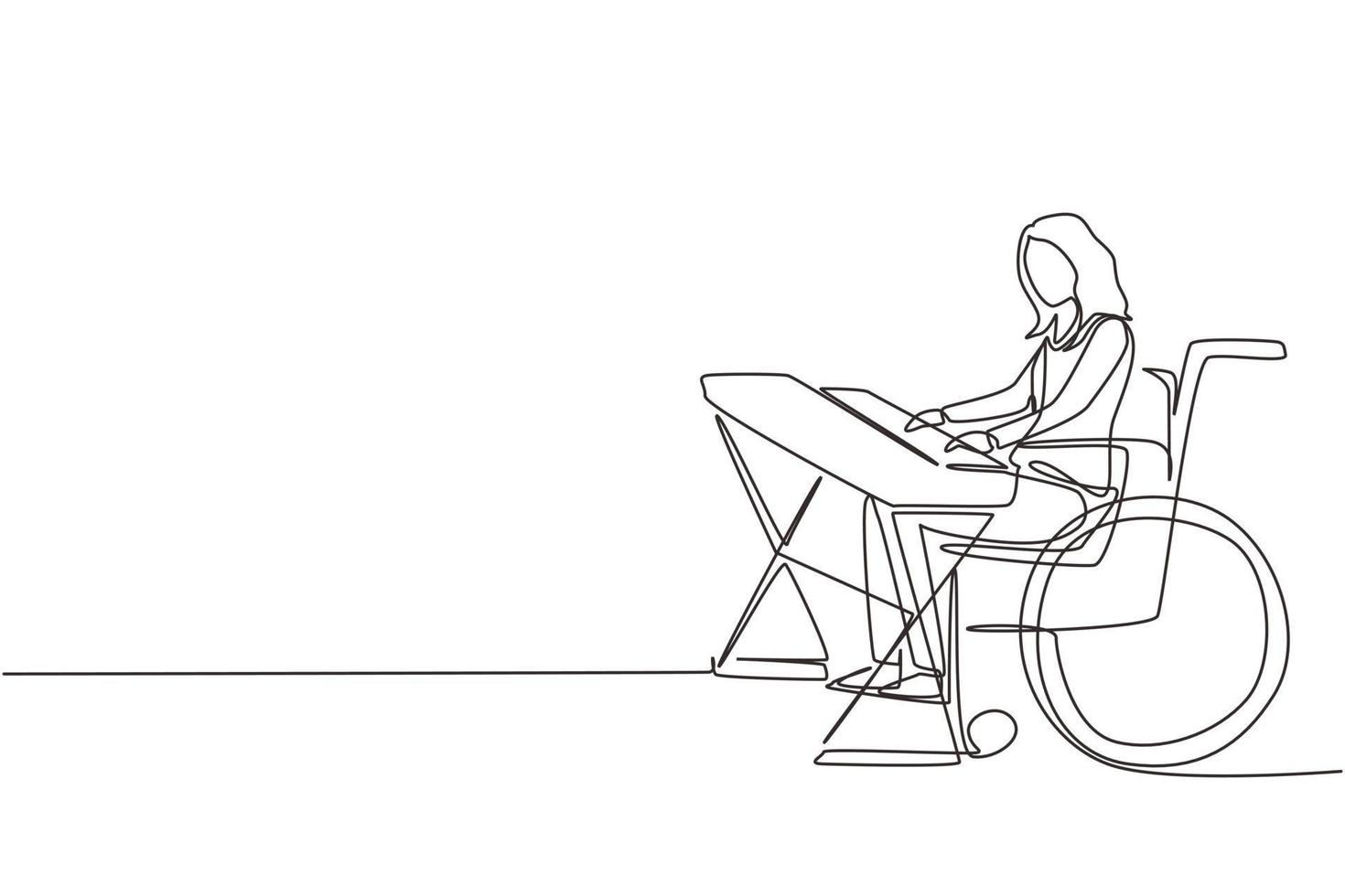 enda kontinuerlig linjeteckning vackra kvinnliga sitta rullstol spelar elektrisk tangentbord, sjunga sång. fysiskt handikappad. patient på rehabiliteringscenter. en rad rita design vektorillustration vektor