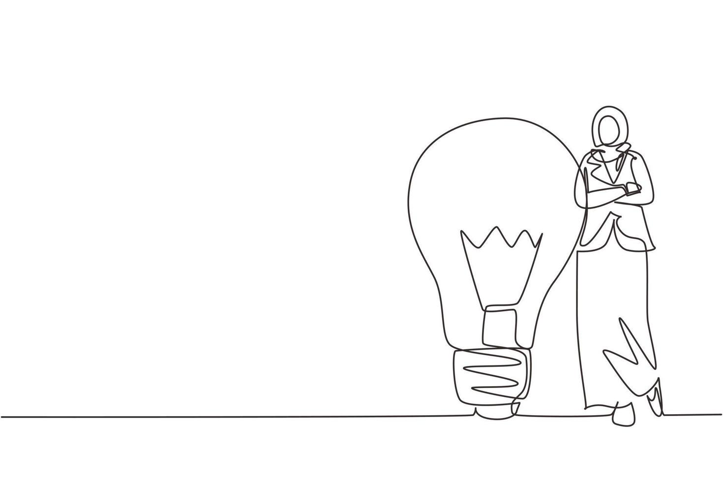 einzelne linie, die eine arabische geschäftsfrau zeichnet, die sich auf eine riesige glühbirne stützt. Geschäftsleute haben Ideen, sich an das Lampensymbol zu lehnen, ist eine gute Idee. ununterbrochene Linie zeichnen grafische Vektorillustration des Designs vektor