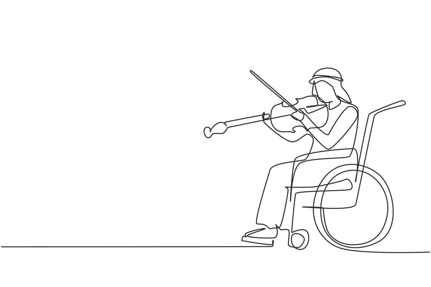 kontinuerlig en rad teckning funktionshinder och musik. arabisk man i rullstol spelar fiol. fysiskt handikappad. person på sjukhus. patient på rehabiliteringscenter. en rad rita design vektorgrafik vektor