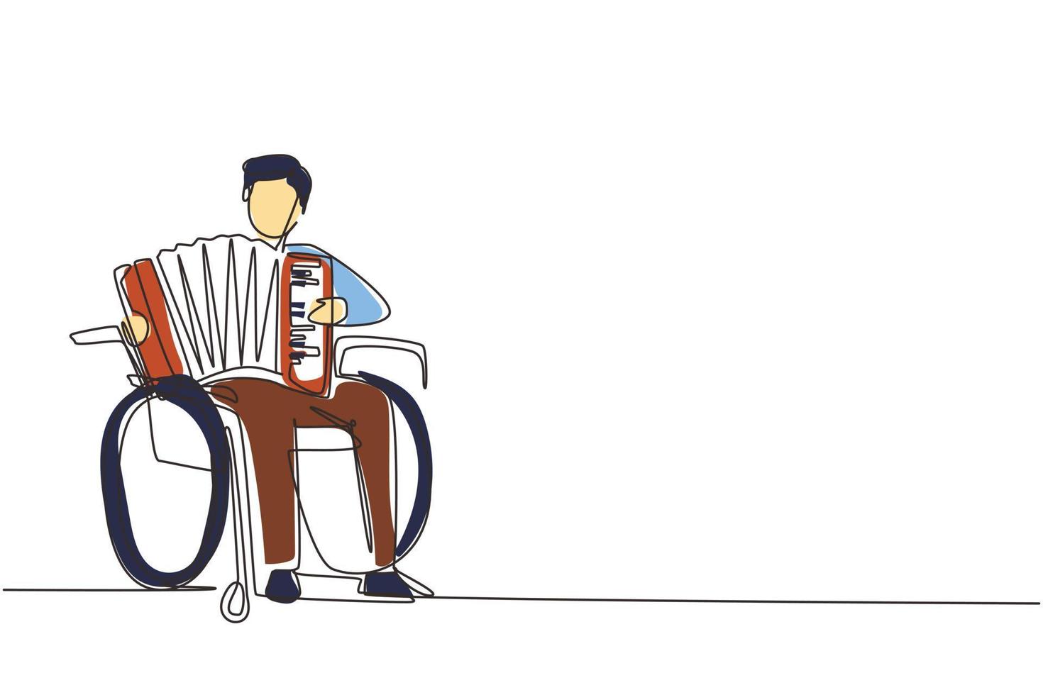 einzelne durchgehende Strichzeichnung behinderter gutaussehender Mann im Rollstuhl, der Akkordeonmusik spielt. körperlich behindert. Person im Krankenhaus. Patient des Rehabilitationszentrums. Designvektor mit einer Linie zeichnen vektor