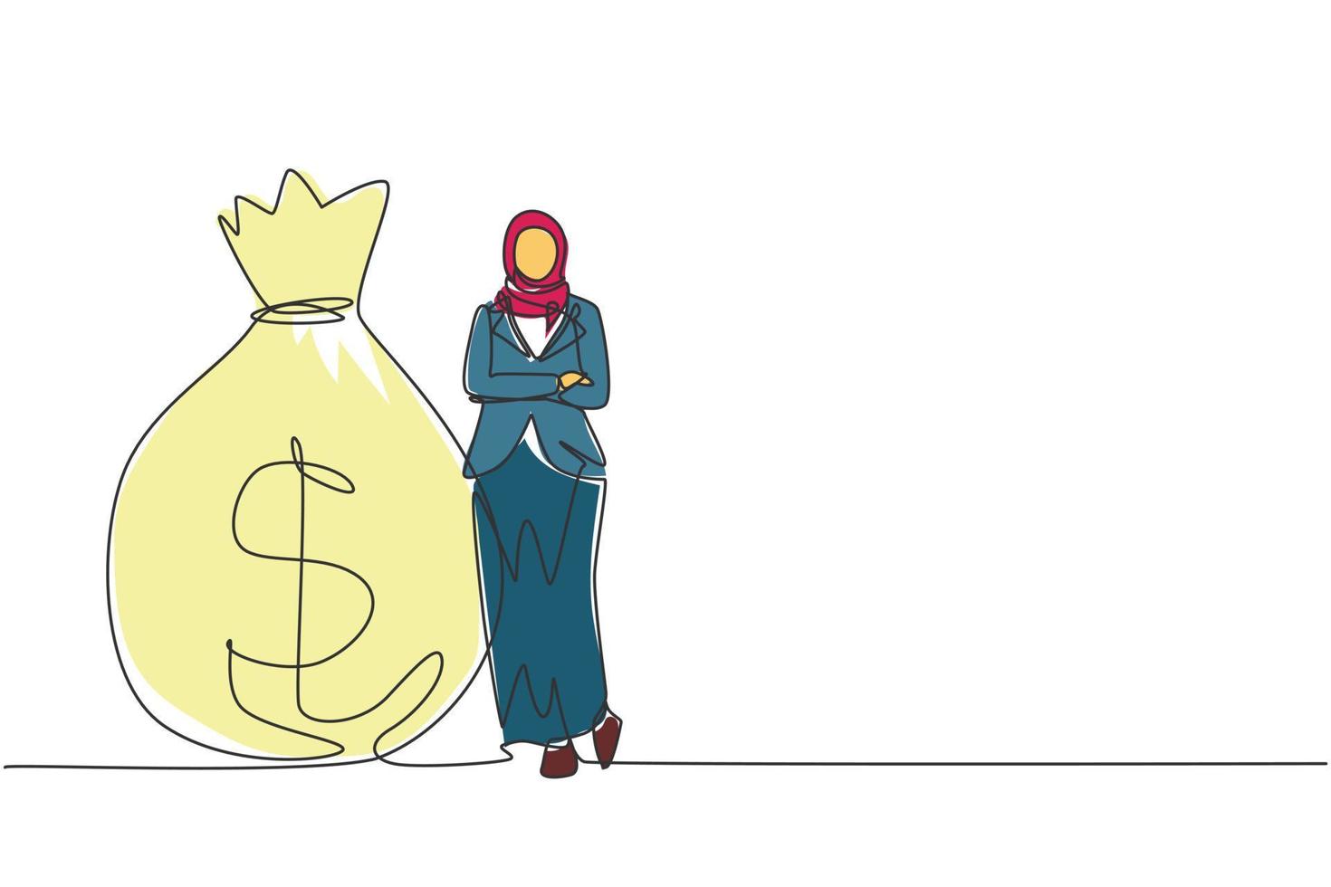 enda kontinuerlig linje ritning arabisk affärskvinna i hijab stående nära stor tung väska med dollartecken. kvinna lutad på penga säck. framgångsrikt koncept. en rad rita design vektorillustration vektor