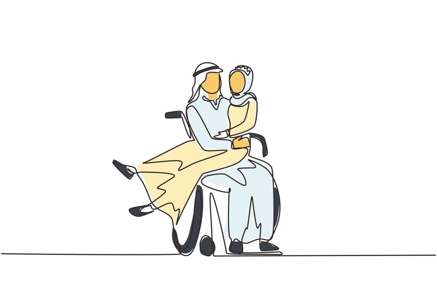enda en rad ritning funktionshindrade arabiska man bär kvinna i rullstol. lyckligt par på bröllopsfest. man med särskilda behov i rullstol. kontinuerlig linje rita design vektorillustration vektor