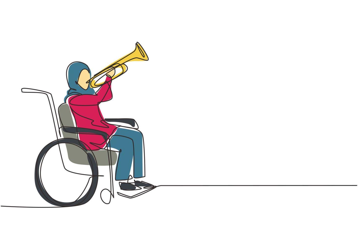 enda kontinuerlig linjeteckning arabisk kvinna i rullstol spelar trumpet under musiklektion. fysiskt handikappad. person på sjukhus. patient på rehabiliteringscenter. en linje rita design vektor
